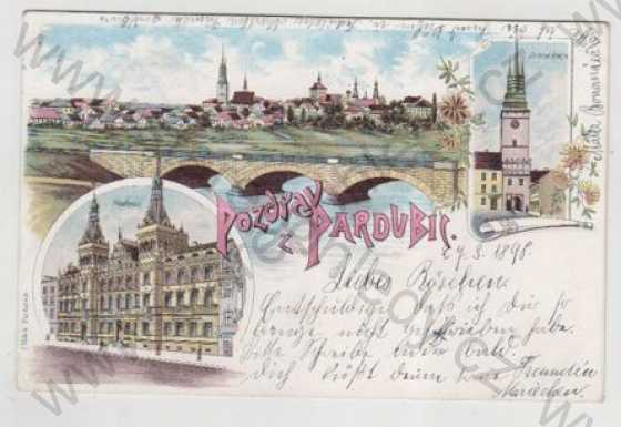  - Pardubice, více záběrů, celkový pohled, radnice, Zrlrná brána, kolorovaná, koláž, DA