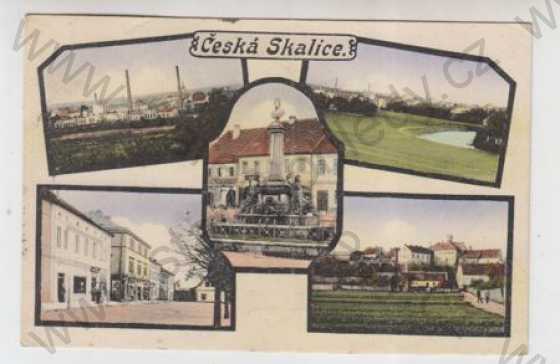  - Česká Skalice (Náchod), více záběrů, celkový pohled, pohled ulicí, socha, sloup, kolorovaná