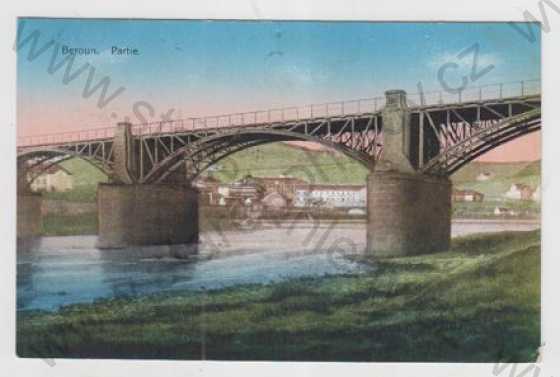  - Beroun, partie, most, řeka, částečný záběr města, kolorovaná