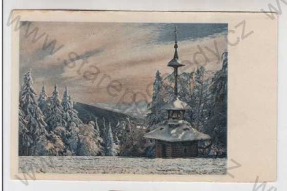  - Beskydy (Frýdek - Místek), Poustevně, zvonice, dřevostavba, sníh, zimní, kolorovaná