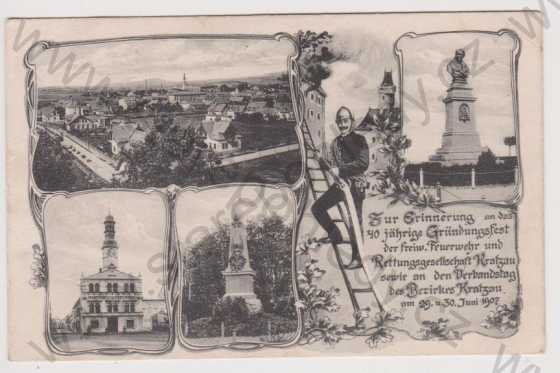  - Chrastava (Kratzau) - celkový pohled, pomník, radnice, hasič, koláž
