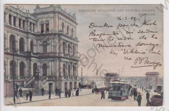 - Austrálie - Brisbane - Treasury Building and Victoria Bridge, TRAMVAJ, kolorovaná