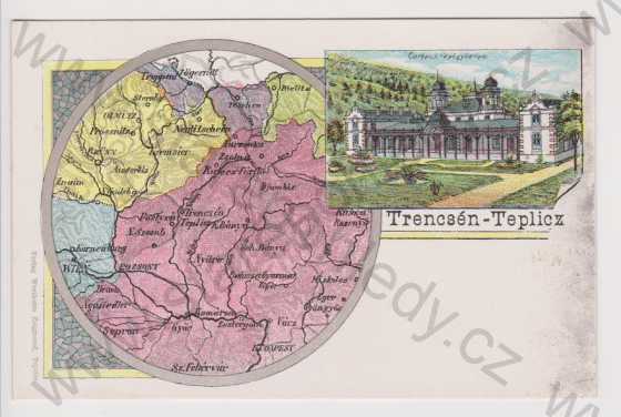  - Slovensko - Trenčianske Teplice - lázně, mapa, koláž, kolorovaná, DA, litografie