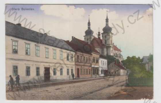  - Stará Boleslav (Praha - východ), pohled ulicí, kostel, kolorovaná
