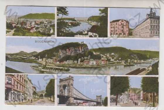  - Děčín (Bidenbach), více záběrů, celkový pohled, most, řeka, loď, pohled ulicí, kolorovaná