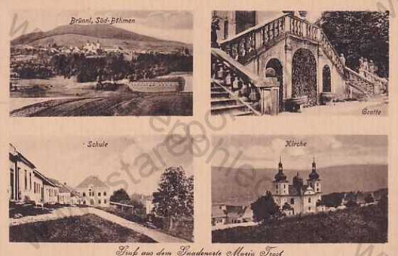  - Dobrá Voda - Brünnl (České Budějovice), více záběrů, škola, celková pohled, poutní kostel Panny Marie Těšitelky
