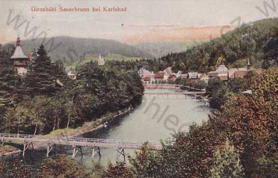  - Kyselka, Karlovy Vary - Karlsbad, kolorovaná, řeka, celkový pohled, mosty, domy