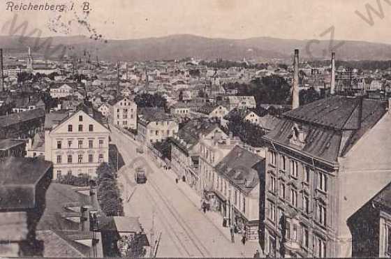  - Liberec - Reichenberg, pohled z výšky, obchody, ulice, tramvaj, kostel