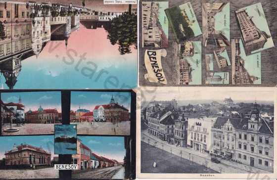  - 4x pohlednice: Benešov, kostel, náměstí, zřícenina, klášter, různé pohledy