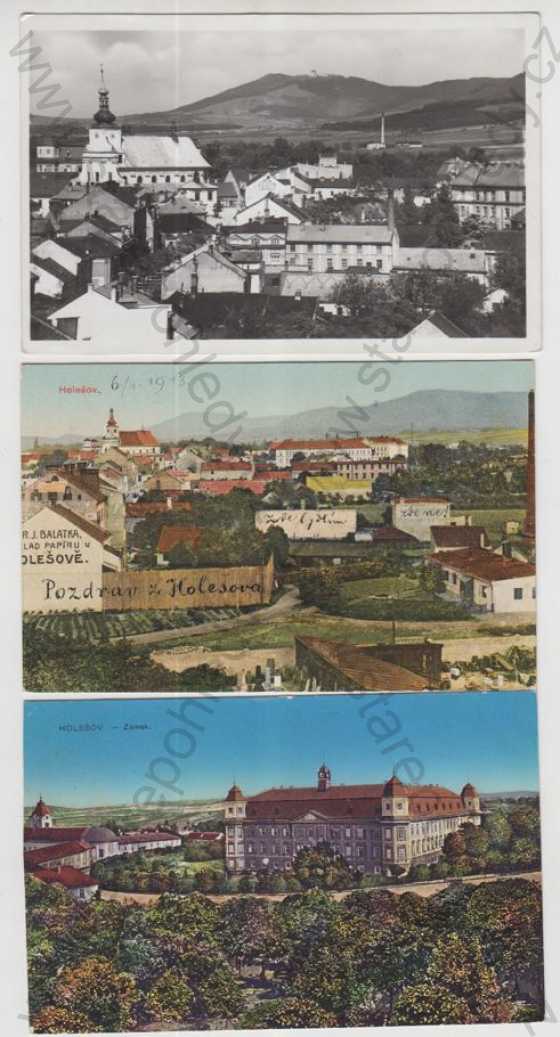  - Holešov, celkový pohled na město, zámek, R.J. Balata papírna - továrna, kostel, 3ks