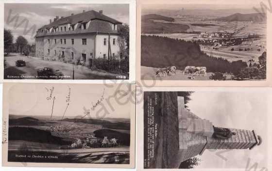  - 4x pohlednice: Klenčí pod Čerchovem (Domažlice), celkový pohled, pomník BBara, hotel