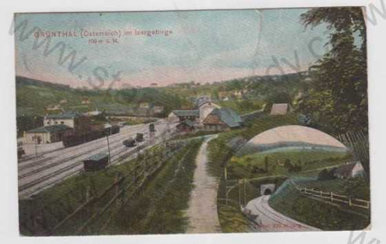  - Kořenov (Grünthal im Isergebirge) - Jablonec nad Nisou, nádraží, koleje, vlak, vagon, kolorovaná