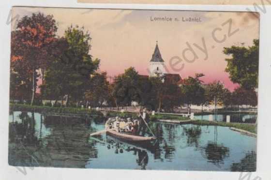  - Lomnice nad Lužnicí (Jindřichův Hradec), řeka, loď, kostel, kolorovaná