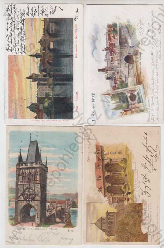  - 4x Praha 1 (Prag), Karlův most, Mostecká věž, Čertovka, Hradčany, Belvedere, Sala Terrena, kolorovaná, DA