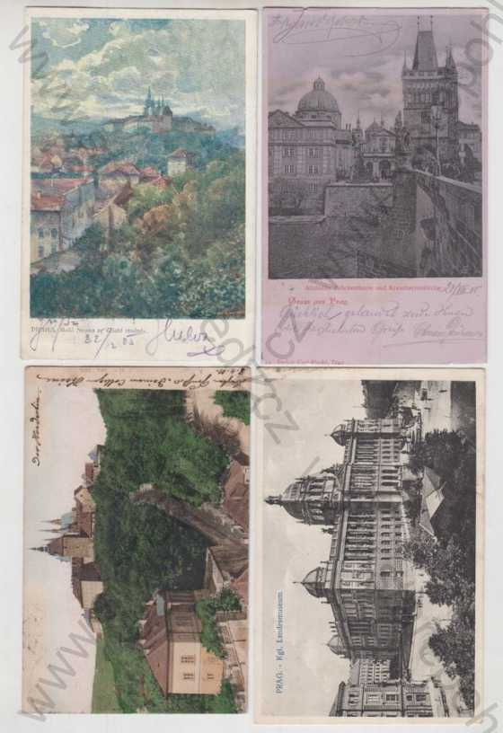  - 4x Praha 1 (Prag), Malá Strana, Mostecké věže, Hradčany, muzeum, kolorovaná, DA
