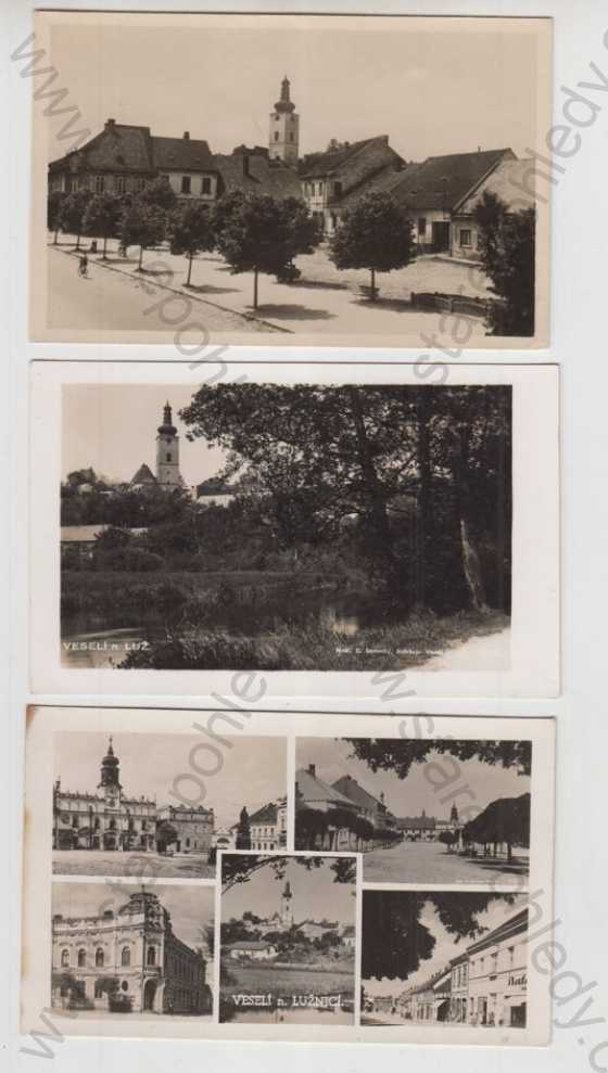  - 3x Veselí nad Lužnicí (Tábor), náměstí, bicykl, kostel, radnice, celkový pohled