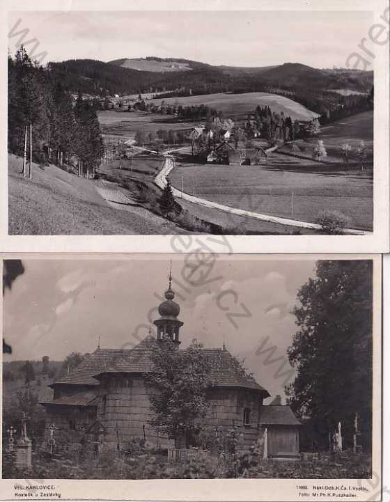  - 2x pohlednice: Velké Karlovice (Vsetín), celkový pohled, kostel