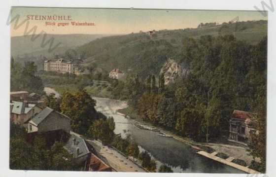  - Kamenný mlýn (Steinmühle) - Ústé nad Labem, řeka, částečný záběr města, kolorovaná