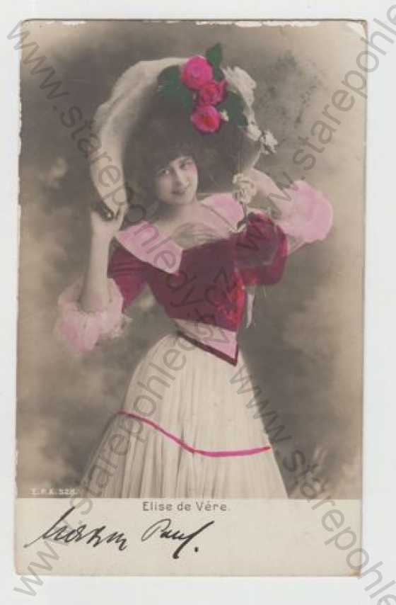  - Zahraniční herci, Elise de Vére, šaty, klobouk, móda, kolorovaná, DA