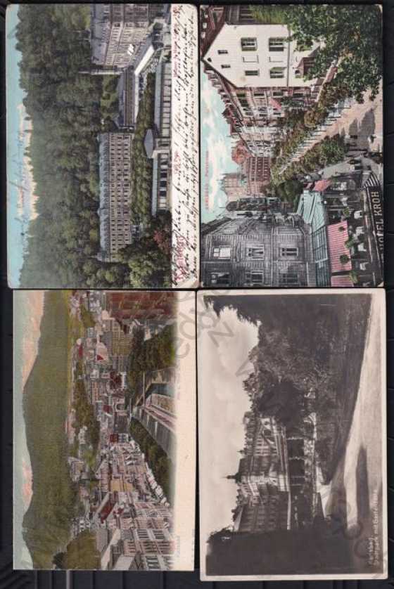  - 4x Karlovy Vary (Karlsbad), kolorovaná, pohled ulicí, kolorovaná, pohled na město z výšky, DA, kolorovaná, hotel, DA, park