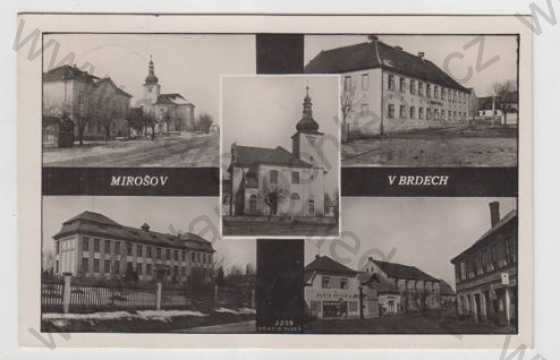  - Mirošov v Brdech (Rokycany), více záběrů, pohled ulicí, kostel, škola, obchod