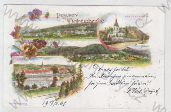  - Dobřichovice (Praha - západ), více záběrů, celkový pohled, zámek, Karlický kostel, kolorovaná, koláž, DA