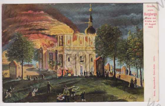  - Krnov - Cvilín (Burgberg) - požár 1865, Heinzel, kolorovaná