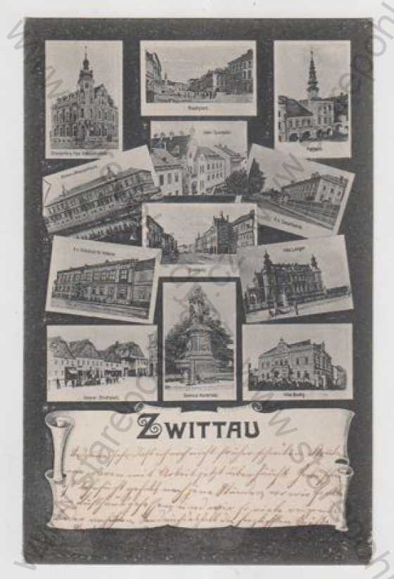  - Svitavy (Zwittau), více záběrů, náměstí, kostel, radnicem pomník, socha, vila, DA