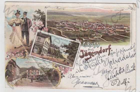  - Krnov (Jägerndorf) - Bruntál, více záběrů, celkový pohled, muž, žena, šaty, nádraží, náměstí, kůň, kočár, kolorovaná, koláž, DA