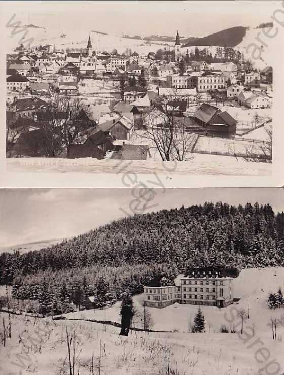  - 2x pohlednice: Staré Město pod Sněžníkem (Šumperk - Schönberg), celkový pohled, chata