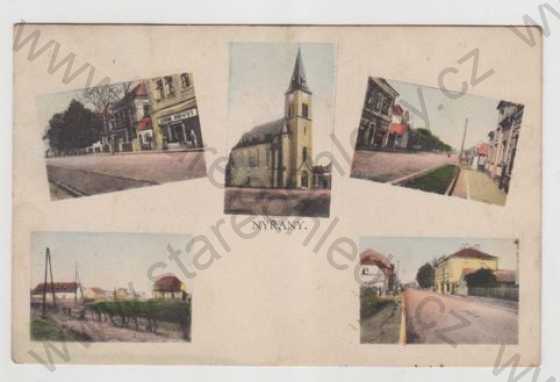  - Nýřany (Plzeň - sever), více záběrů, pohled ulicí, kostel, částečný záběr města, kolorovaná