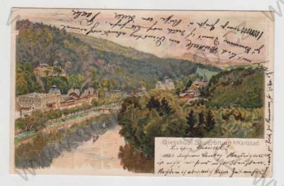  - Kyselka (Sauerbrunn) - Karlovy Vary, řeka, loď, částečný záběr města, kolorovaná, DA