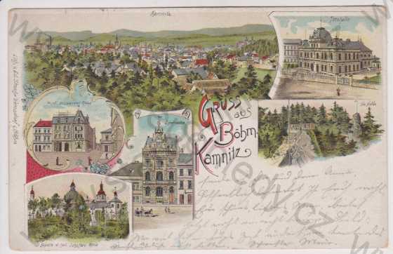  - Česká Kamenice - celkový pohled, hotel, tělocvična, spořitelna, Jehla, kaple, litografie, DA, koláž, kolorovaná