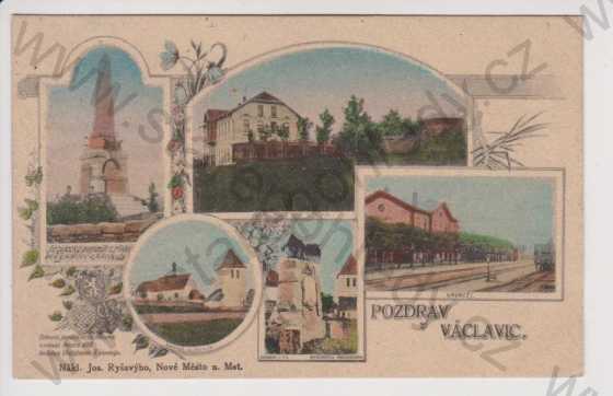  - Václavice - jezdecký pomník, restaurace Souček, nádraží, kostel, koláž, kolorovaná