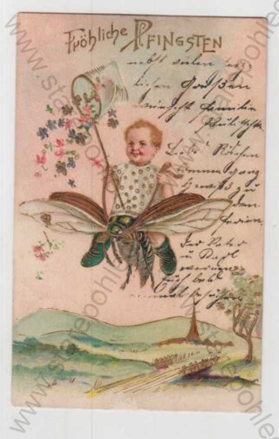  - Různá přání, dítě, včela, síť, motýl, kolorovaná, zlacená, plastická karta, DA