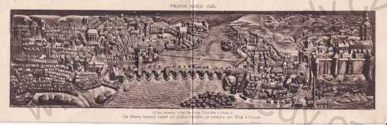  - Praha roku 1620, dlouhá pohlednice, reliéf J. Bendl