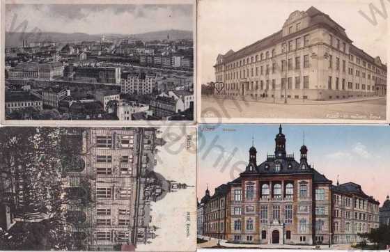  - Plzeň, 4 ks, kolorovaná, muzeum, beseda, celkový pohled, škola