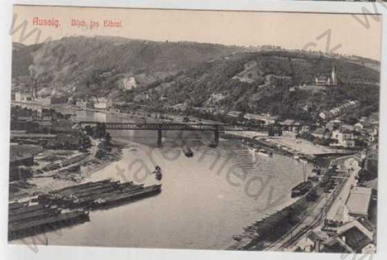  - Ústí nad Labem (Aussig), řeka, most, loď, parník, částečný záběr města