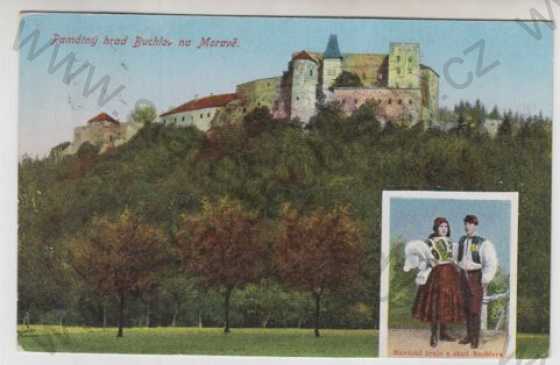  - Buchlov (Uherské Hradiště), hrad, žena, muž, kroj, kolorovaná