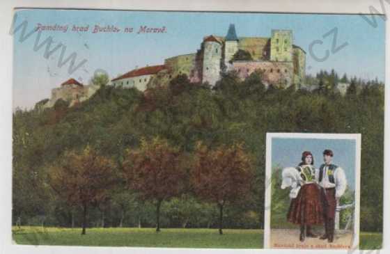  - Buchlov (Uherské Hradiště), hrad, žena, muž, kroj, kolorovaná