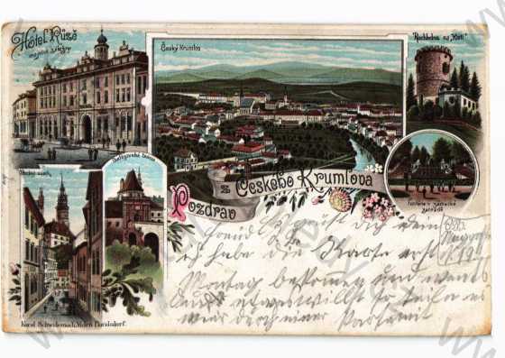  - Český Krumlov, koláž, více záběrů, celkový pohled, zámek, brána, fontána rozhledna, hotel, DA