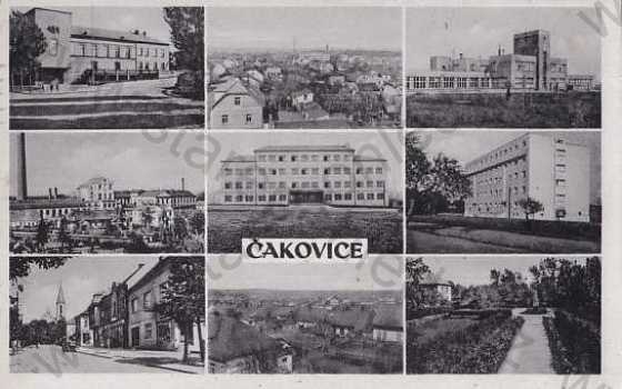  - Čakovice, Praha východ, více záběrů, ulice, škola, továrna, celkový pohled, kostel