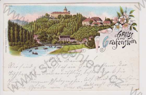  - Grabštejn - hrad - celkový pohled, litografie, DA, koláž, kolorovaná
