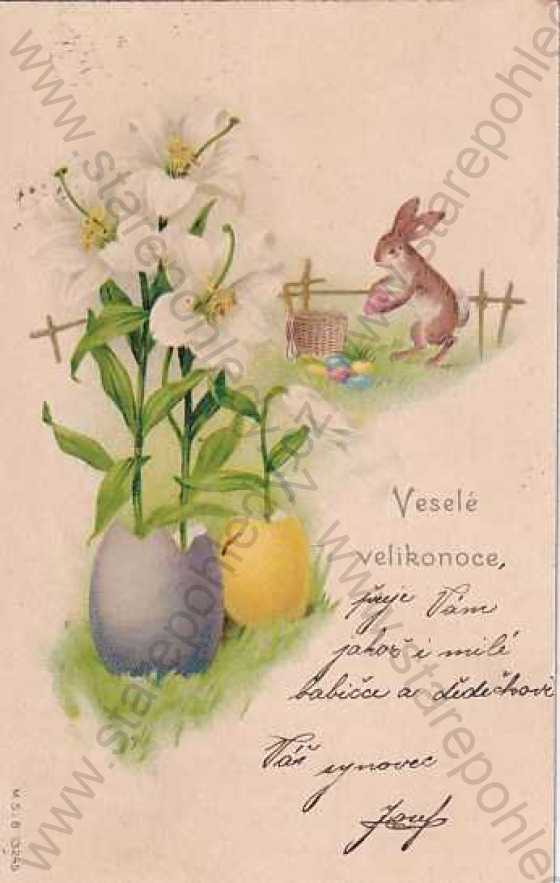  - Velikonoce, pozdrav, barevná, kresba, zajíc, květiny, DA