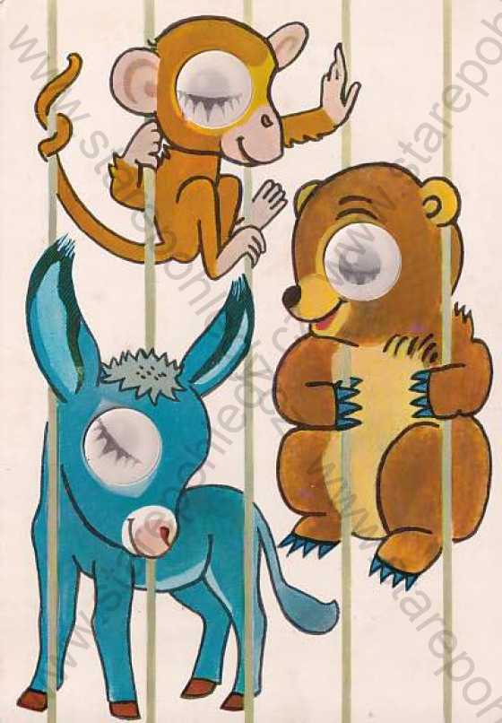  - Zvířata, kresba, barevná, Eva Havlíčková, opice, medvěd, osel, mrkací oči