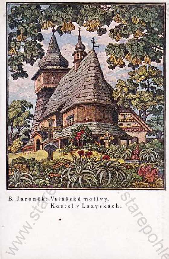  - Polsko - Laziska, kostel dřevěný, kresba, barevná