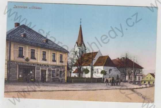  - Janovice nad Úhlavou (Klatovy), kostel, kráva, povoz, obchod, kolorovaná
