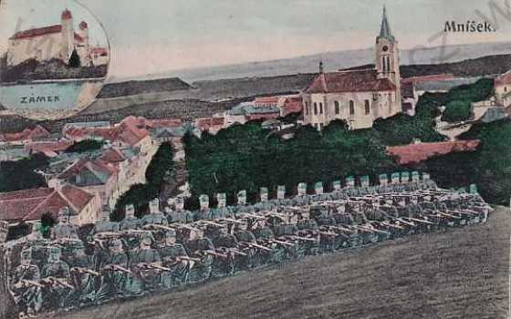  - Mníšek pod Brdy, Praha - západ, kolorovaná, zámek, celkový pohled, vojáci