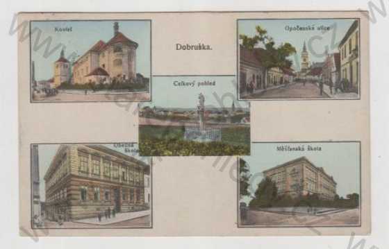  - Dobruška (Rychnov nad Kněžnou), více záběrů, kostel, celkový pohled, pohled ulicí, škola, kolorovaná, koláž