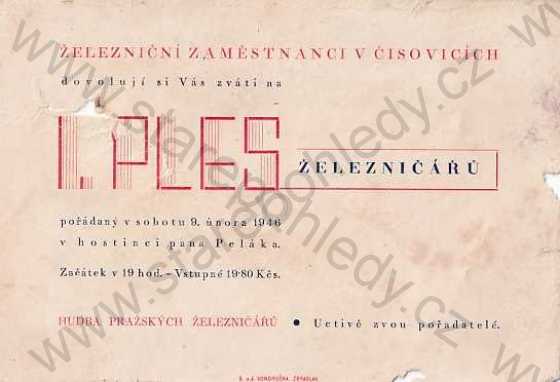  - Plesy - pozvánka, železničářský ples, Čisovice, 1946, není pohlednice